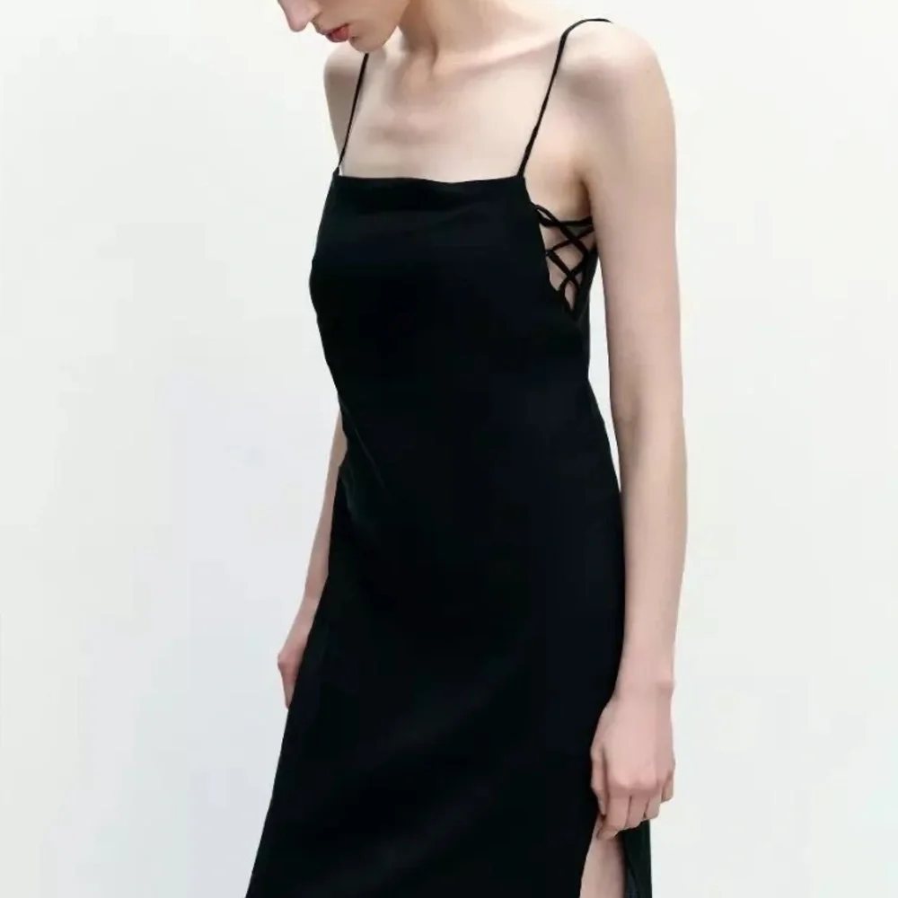 Black Midi Slip Dress with Side Lace-Up Detail - Picture 1 of 7